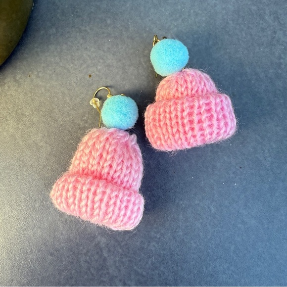 Handmade Knit Toque Earrings with Pom Pom - Pink and Blue - Picture 10 of 11